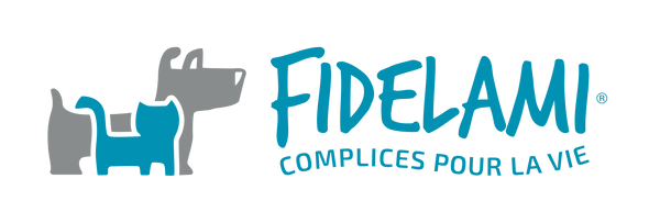 Ceci est le logo de la marque Fidelami, complices pour la vie. Fidelami est une marque d'accessoires pour chiens et chats qui se préoccupe du bien-être animal. Nous travaillons en collaboration avec la société protectrice des animaux pour proposer les meilleurs jouets pour chiens et pour chats. Le logo est composé d'un chien gris avec une oreille cassée et d'un chat bleu.