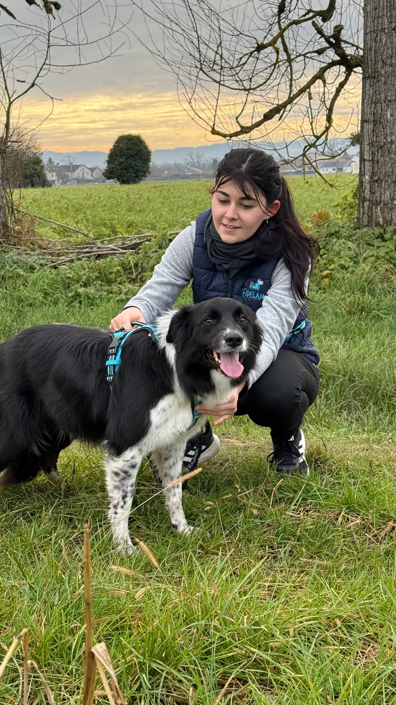 Jeune femme brune en tenue de sport avec son chien, Roquette, un border collie membre de la bande à Léon. Roquette porte un harnais dynamic turquoise Fidelami