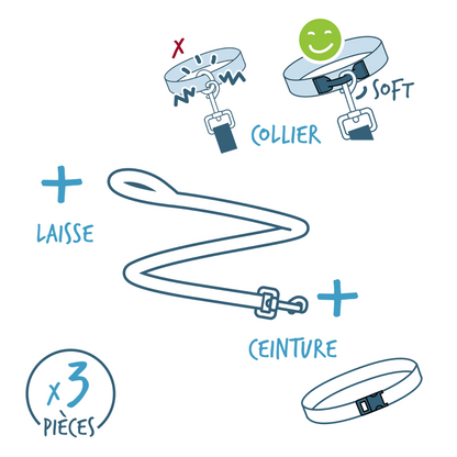 Kit Sport 3 en 1 : collier, laisse ceinture bleu