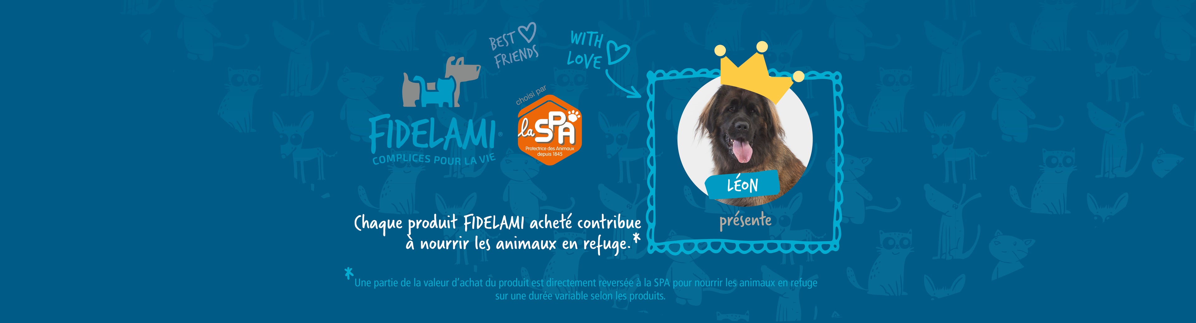 Fond bleu avec motif Fidelami - Logo FIDELAMI choisi par La SPA - Bonne action consommateur annoncee par Leon