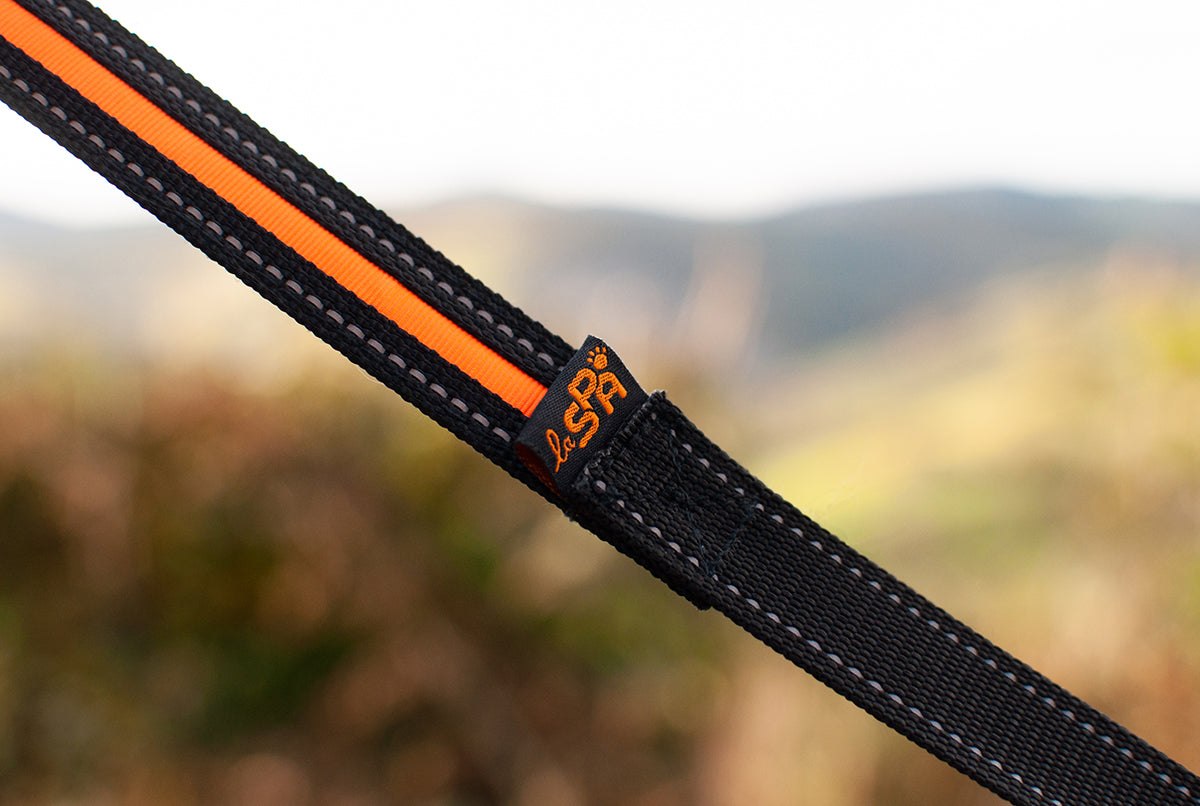 Détail de coutures et zoom sur textile label SPA sur laisse lumineuse.